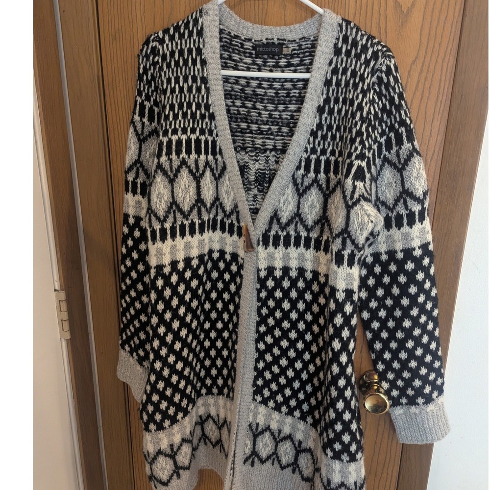 Mittoshop Black Grey White Fair Isle Toggle Button Long Cardigan Sweater Cozy S